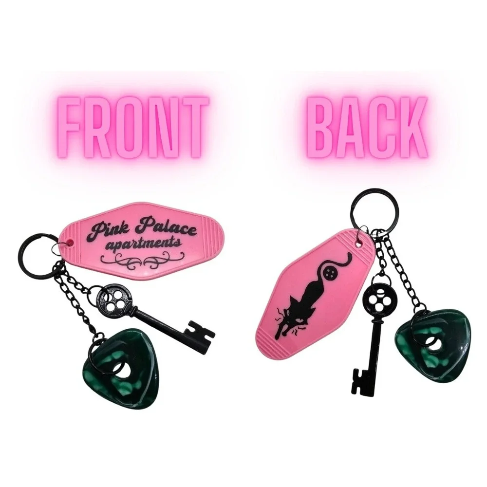 Coraline Inspired Keychain! Keys To The Pink Palace Apartments Tag Stone & Key